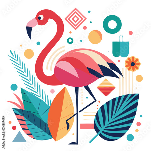 Flamingo Tropical Paradise: A vibrant, stylized flamingo stands amidst lush tropical leaves and geometric shapes, creating a bold and colorful summer illustration. 