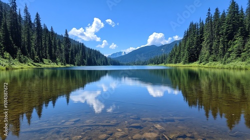 Tranquil mountain lake surrounded by dense forest with clear blue sky and white clouds reflected on the water.