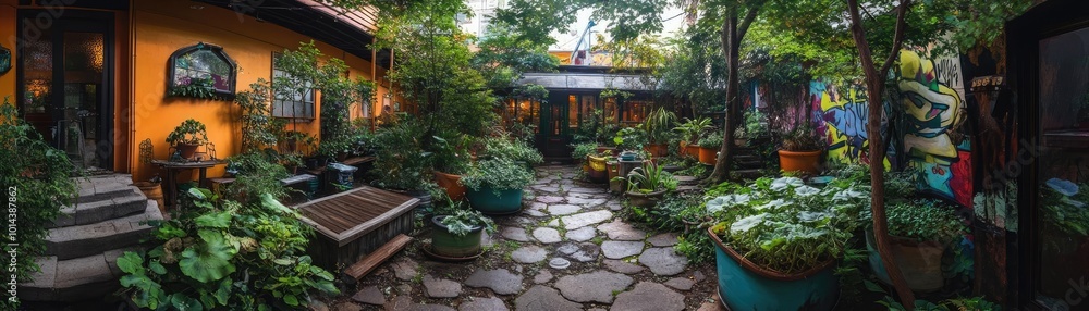 Eye-level shot of a whimsical container garden, graffiti-covered pots, lush greenery, vivid urban environment, lively and creative atmosphere Eye-level shot of a whimsical container garden, graffiti-covered pots, lush greenery, vivid urban environment, lively and creative atmosphere