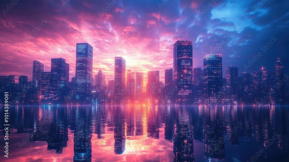 Low-angle view of a futuristic cityscape at dusk, vibrant lights reflecting, unique architectural designs, cinematic feel Low-angle view of a futuristic cityscape at dusk, vibrant lights reflecting, unique architectural designs, cinematic feel