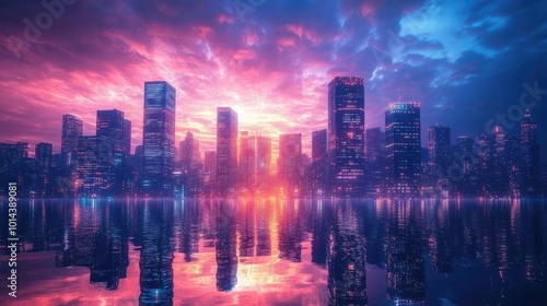 Low-angle view of a futuristic cityscape at dusk, vibrant lights reflecting, unique architectural designs, cinematic feel