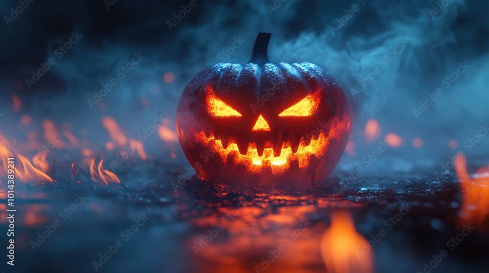Halloween Pumpkin in a Mysterious Nighttime Forest Halloween Pumpkin in a Mysterious Nighttime Forest