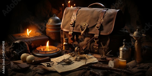 A weathered leather backpack, worn with time and travel, sits beside a collection of antique objects bathed in the warm glow of candlelight, telling tales of forgotten journeys and whispered secrets.