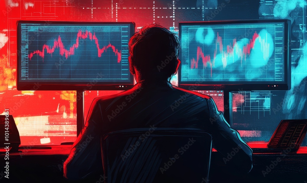 Silhouetted man staring at stock charts. Silhouetted man staring at stock charts.