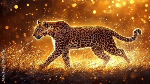 A leopard gracefully walks through a sunlit field, surrounded by shimmering light.