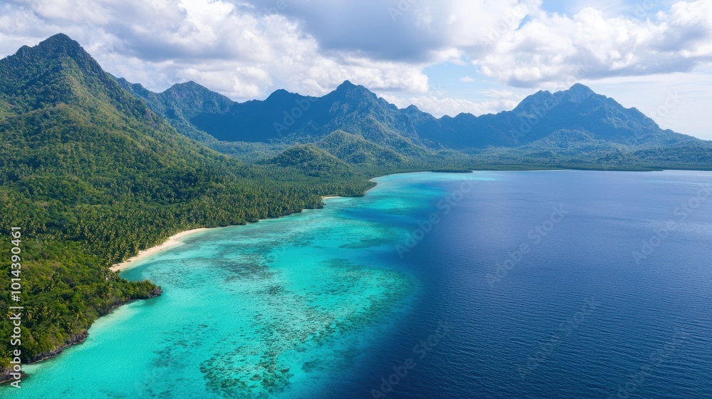Aerial view of a stunning tropical coastline with lush green mountains and crystal-clear waters. Aerial view of a stunning tropical coastline with lush green mountains and crystal-clear waters.