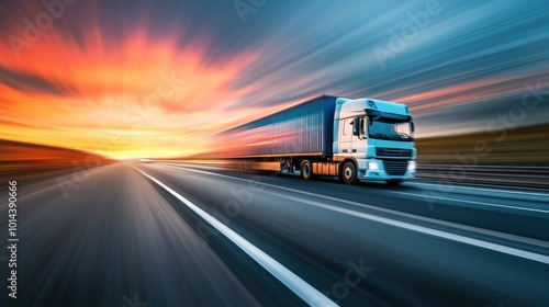 A speeding truck on a highway during a vibrant sunset, showcasing movement and transport.