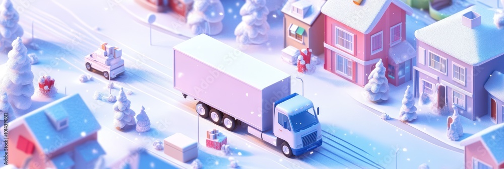 A snowy landscape with a truck delivering gifts in a charming town. A snowy landscape with a truck delivering gifts in a charming town.