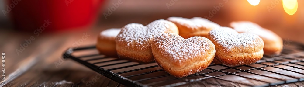 Heart shaped cookies cool on a wire rack. Heart shaped cookies cool on a wire rack.