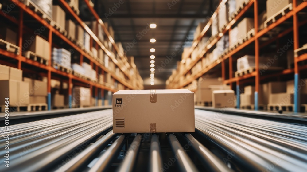 A package on a conveyor belt in a warehouse, highlighting logistics and distribution. A package on a conveyor belt in a warehouse, highlighting logistics and distribution.