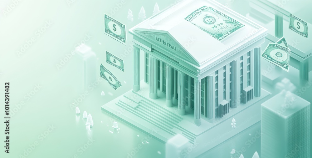 Fototapeta premium A stylized bank building with floating dollar bills, representing finance and investment.