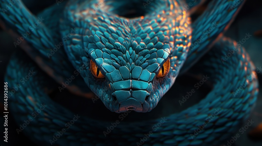 Fototapeta premium A close-up of a vibrant blue snake with striking orange eyes, highlighting its scales and texture.