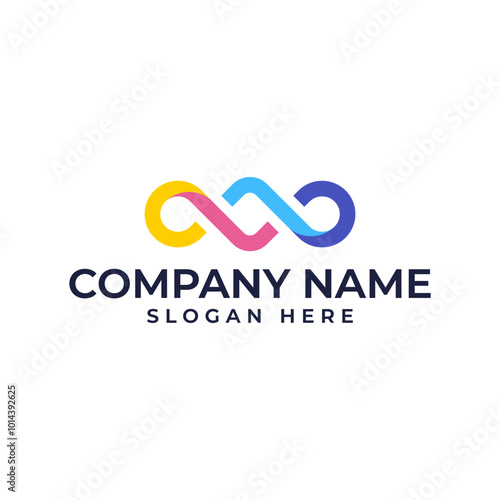 Colorful triple infinity symbol in modern and minimalist in yellow magenta blue and purple