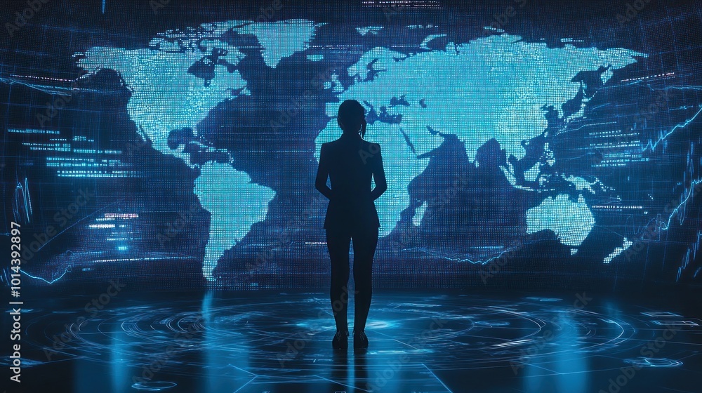 A silhouette of a person stands before a digital world map, symbolizing data and technology. A silhouette of a person stands before a digital world map, symbolizing data and technology.