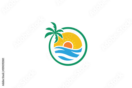 Destination Beach Vacation Logo Resort Travel Holiday Island Calm Wave Design Template