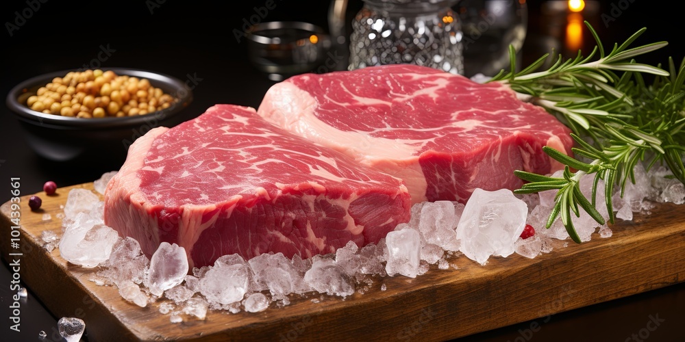 Fresh Raw Steaks Ready for the Grill, Resting on a Bed of Ice with Aromatic Rosemary Sprigs Fresh Raw Steaks Ready for the Grill, Resting on a Bed of Ice with Aromatic Rosemary Sprigs