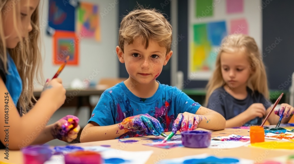 Fototapeta premium Children engaged in a colorful art activity, showcasing creativity and playfulness.
