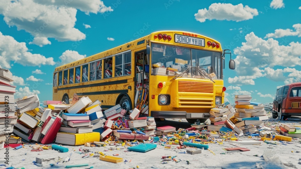 Obraz premium A whimsical yellow school bus surrounded by piles of books and colorful supplies.