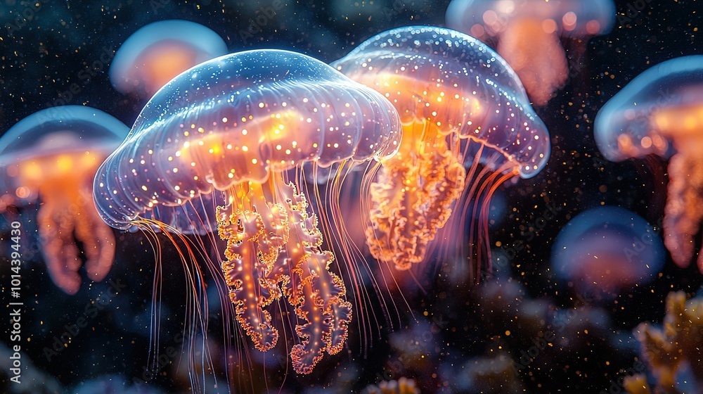 Fototapeta premium Colorful Jellyfish Underwater with Glowing Effects