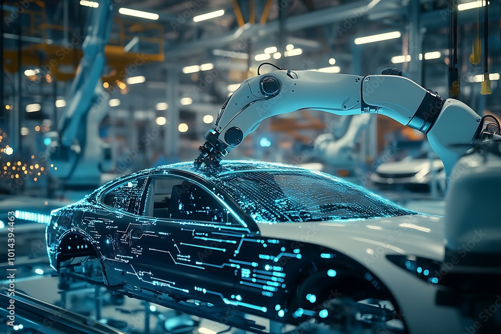 Obraz premium The welding arm on the automobile production line is being welded