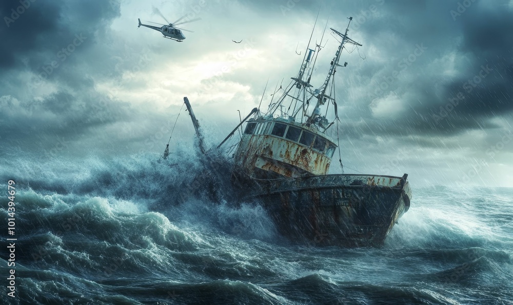 A ship battered by stormy seas, helicopter overhead. A ship battered by stormy seas, helicopter overhead.