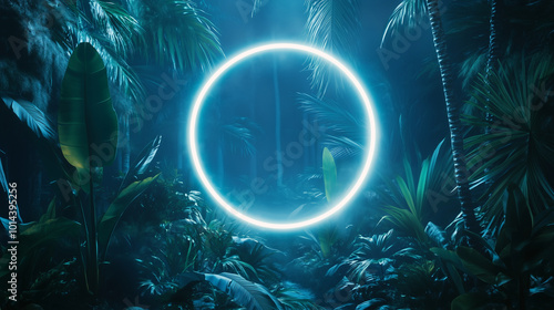 Tropical Plants Illuminated with White Fluorescent Light. Jungle Environment with Circle shaped Neon Frame. 