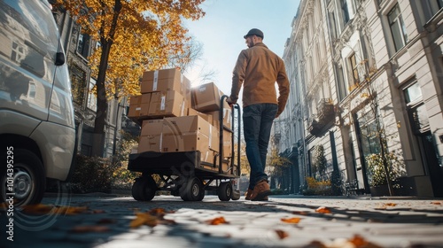 A person transporting boxes on a cart through a sunlit urban street in autumn.