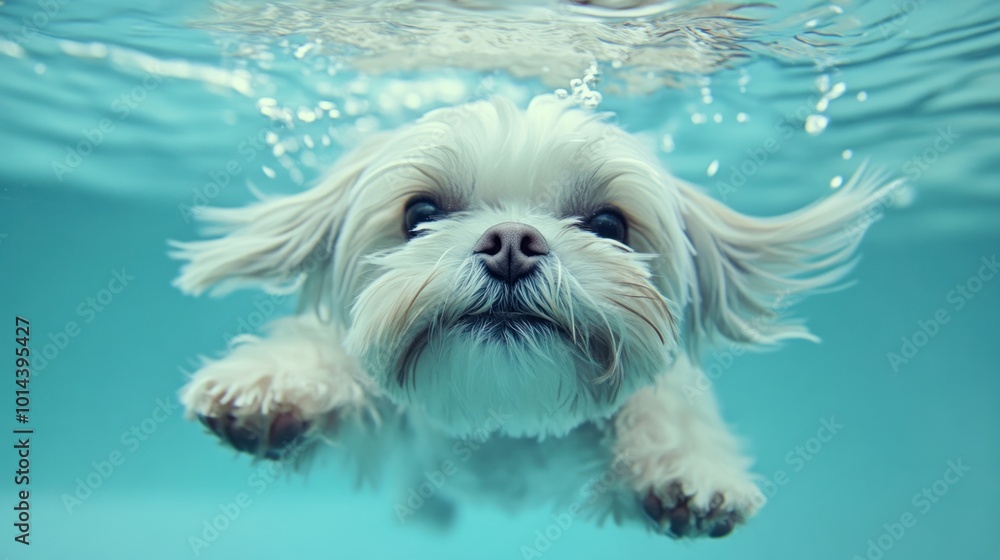 A small dog swimming underwater, capturing a playful and curious moment. A small dog swimming underwater, capturing a playful and curious moment.