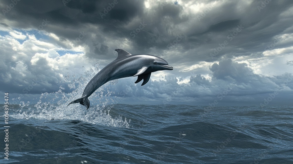 Obraz premium A dolphin leaping through the surface, with a vast ocean backdrop for copy.