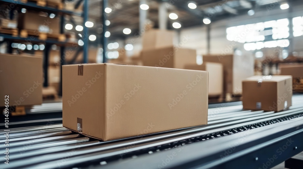 Boxes on a conveyor belt in a warehouse setting, indicating shipping and logistics operations. Boxes on a conveyor belt in a warehouse setting, indicating shipping and logistics operations.