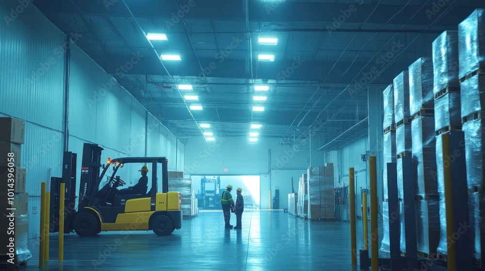 Warehouse interior with a forklift and workers discussing logistics. Warehouse interior with a forklift and workers discussing logistics.