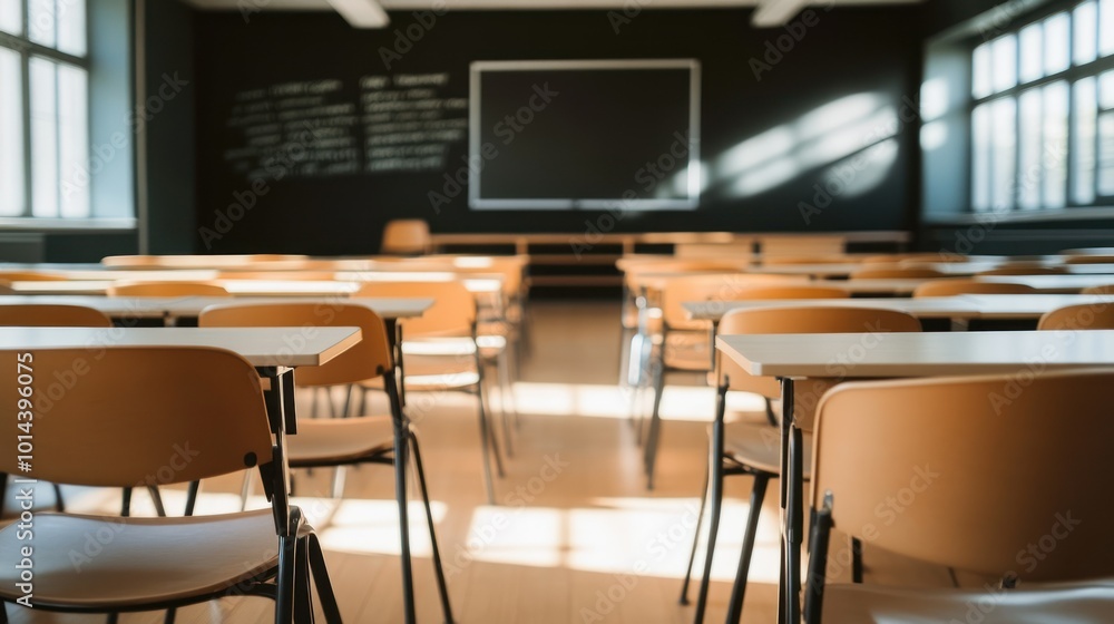A classroom with empty desks and a blackboard, illuminated by natural light. A classroom with empty desks and a blackboard, illuminated by natural light.