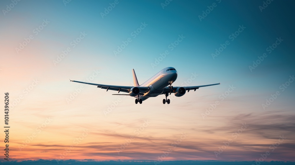 Airplane flying against a vibrant sunset sky, showcasing travel and adventure. Airplane flying against a vibrant sunset sky, showcasing travel and adventure.