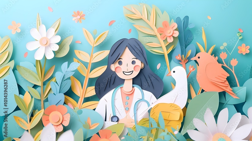 Cheerful Paper Cut of Smiling Female Doctor in Flourishing Paper Garden Cheerful Paper Cut of Smiling Female Doctor in Flourishing Paper Garden