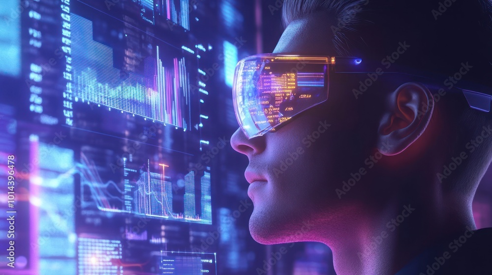 A person wearing futuristic glasses, engaged with digital data and analytics. A person wearing futuristic glasses, engaged with digital data and analytics.