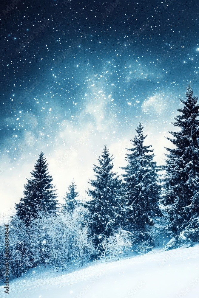 Snowfall in a winter forest under starry sky Snowfall in a winter forest under starry sky