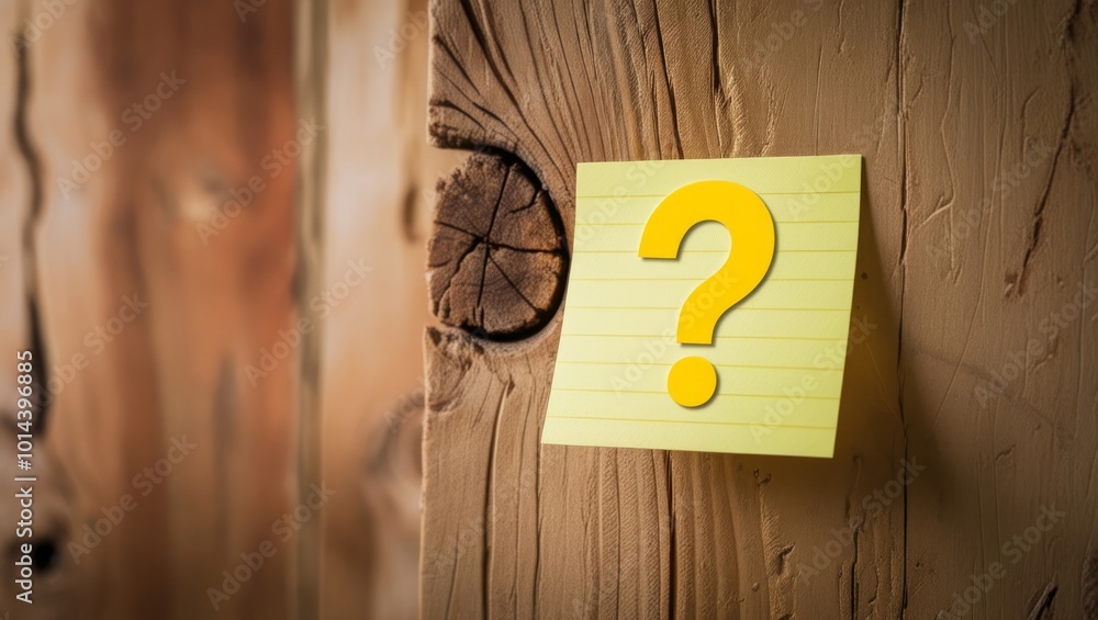 Question Mark Sticky Note, Vibrant Design on Textured Wood Background Question Mark Sticky Note, Vibrant Design on Textured Wood Background