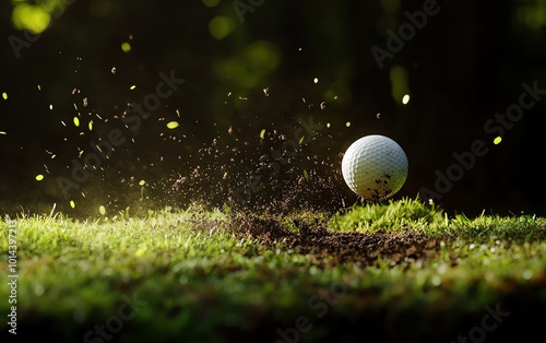 Golf ball bouncing on green grass with dirt spray. photo