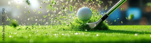 Golf ball hit by club, green grass. photo