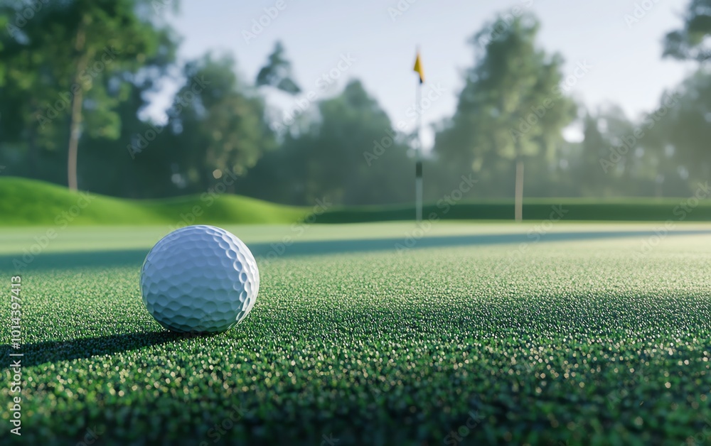 Obraz premium Golf ball on green grass with flag in background.