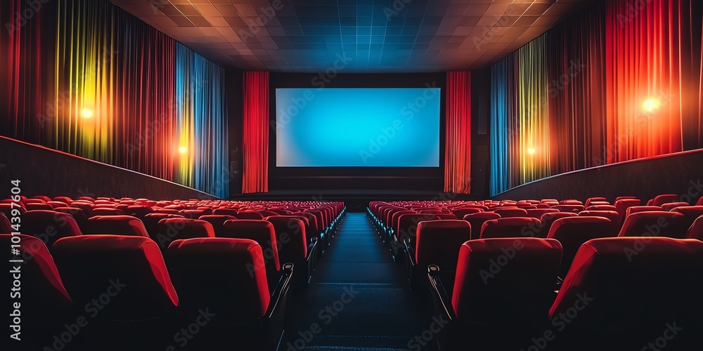 Fototapeta premium Empty movie theater with red seats and a large screen.