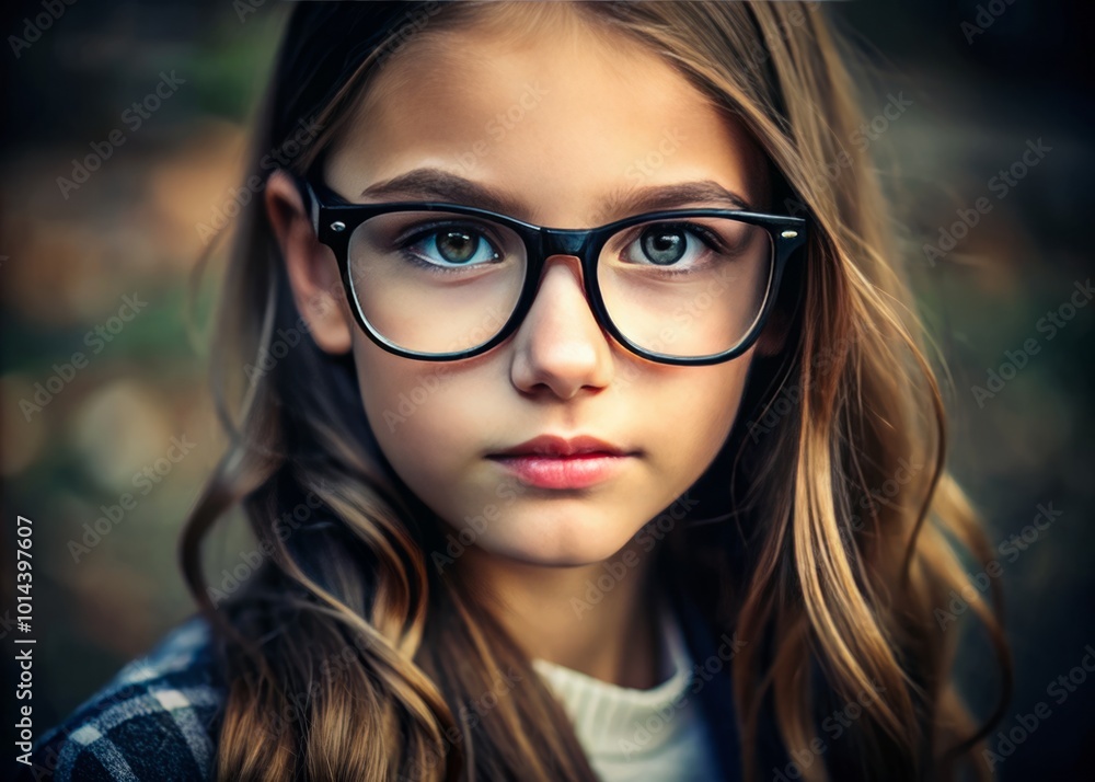 Charming close-up of a girl with glasses, featuring spacious copy options. Ideal for topics surrounding eye health, Charming close-up of a girl with glasses, featuring spacious copy options. Ideal for topics surrounding eye health,