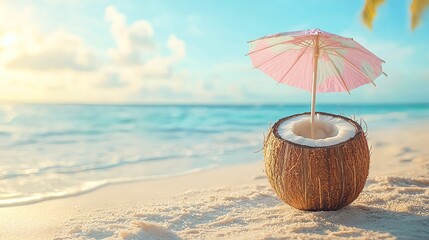 Stickers  tropical summer relax pastel background Coconut drink with umbrella, beach background  © kazitafahnizeer