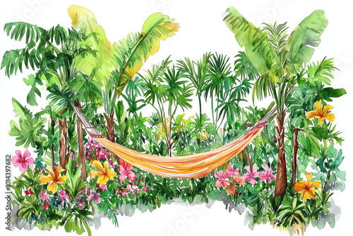 A vibrant tropical scene featuring a hammock nestled among lush greenery and colorful flowers, perfect for relaxation and nature appreciation. photo