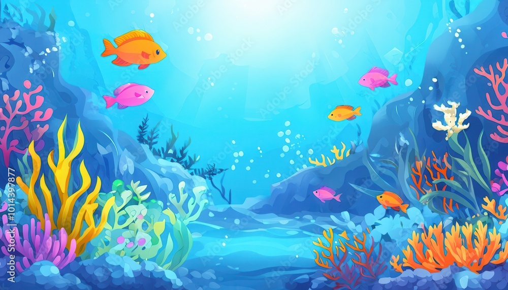 Naklejka premium Vibrant underwater scene with colorful fish and coral reefs.