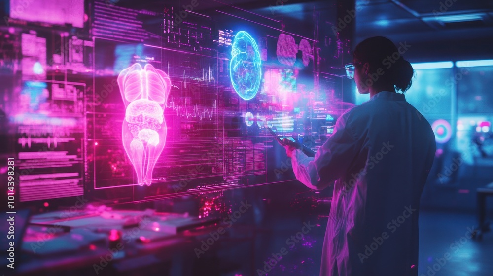 A scientist interacts with holographic medical data in a high-tech laboratory. A scientist interacts with holographic medical data in a high-tech laboratory.