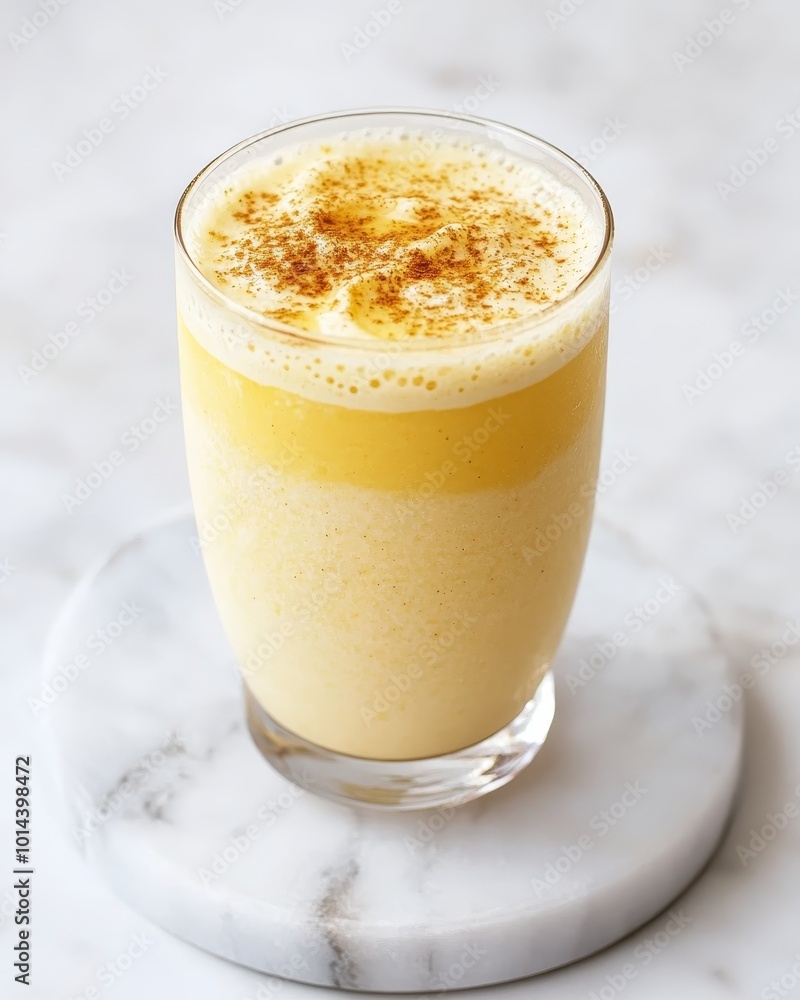 A creamy yellow smoothie topped with spices, served in a clear glass on a marble coaster. A creamy yellow smoothie topped with spices, served in a clear glass on a marble coaster.