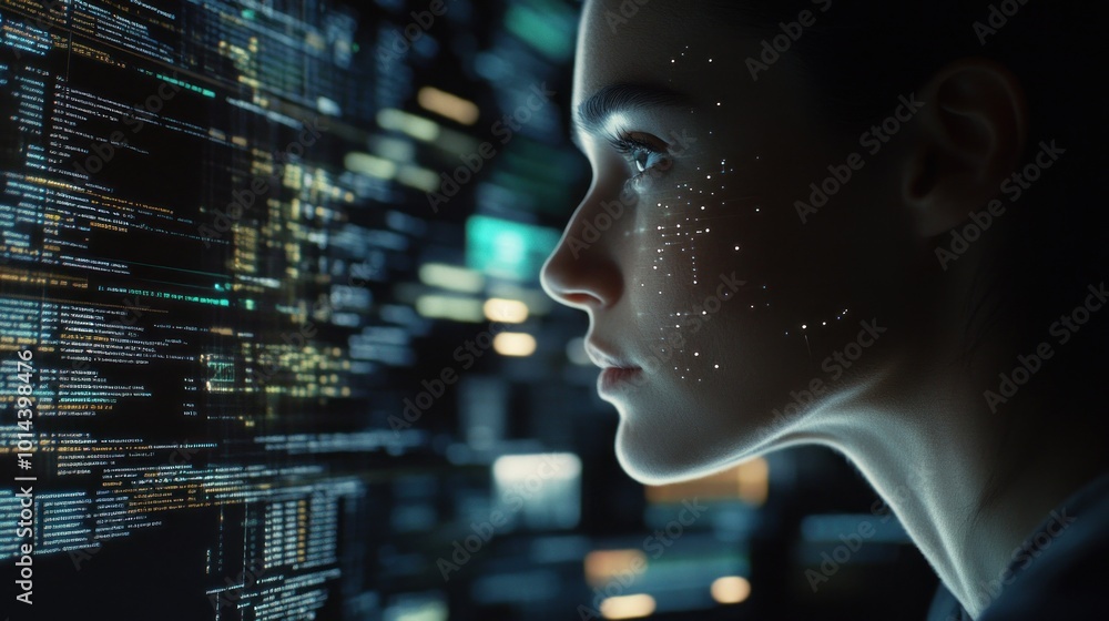 A profile of a woman illuminated by digital data, suggesting technology and analysis. A profile of a woman illuminated by digital data, suggesting technology and analysis.