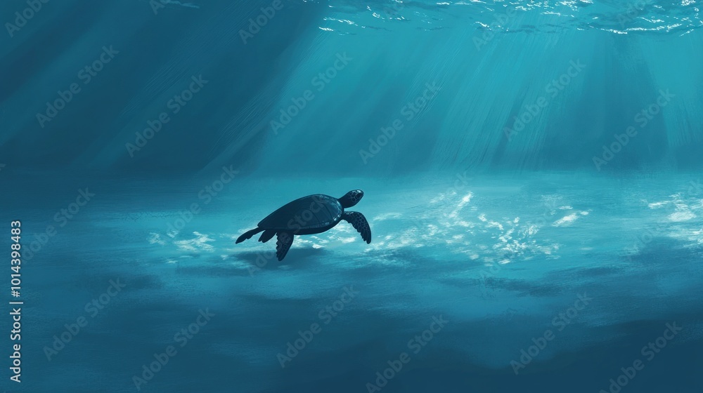 Naklejka premium A serene underwater scene featuring a turtle swimming in tranquil blue waters.