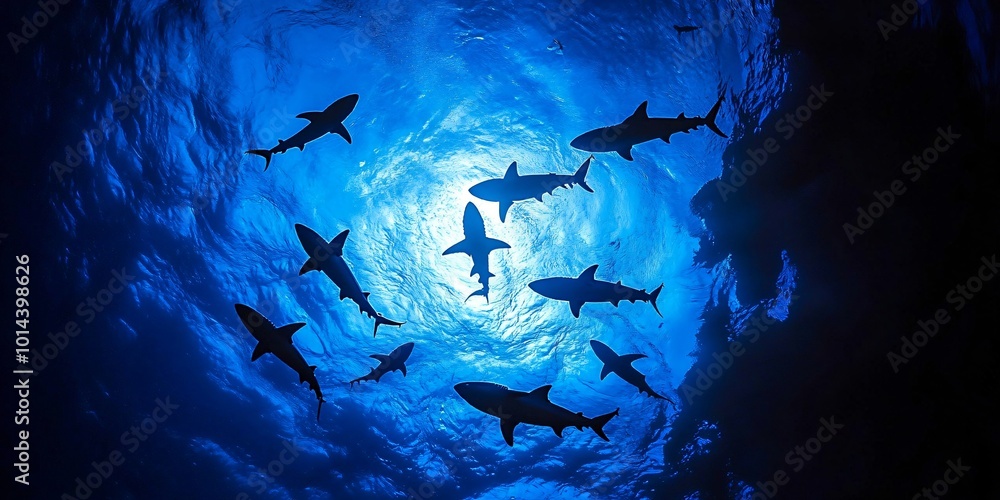 Fototapeta premium A school of sharks swim through the blue waters, their silhouettes clearly visible against the sunlight.